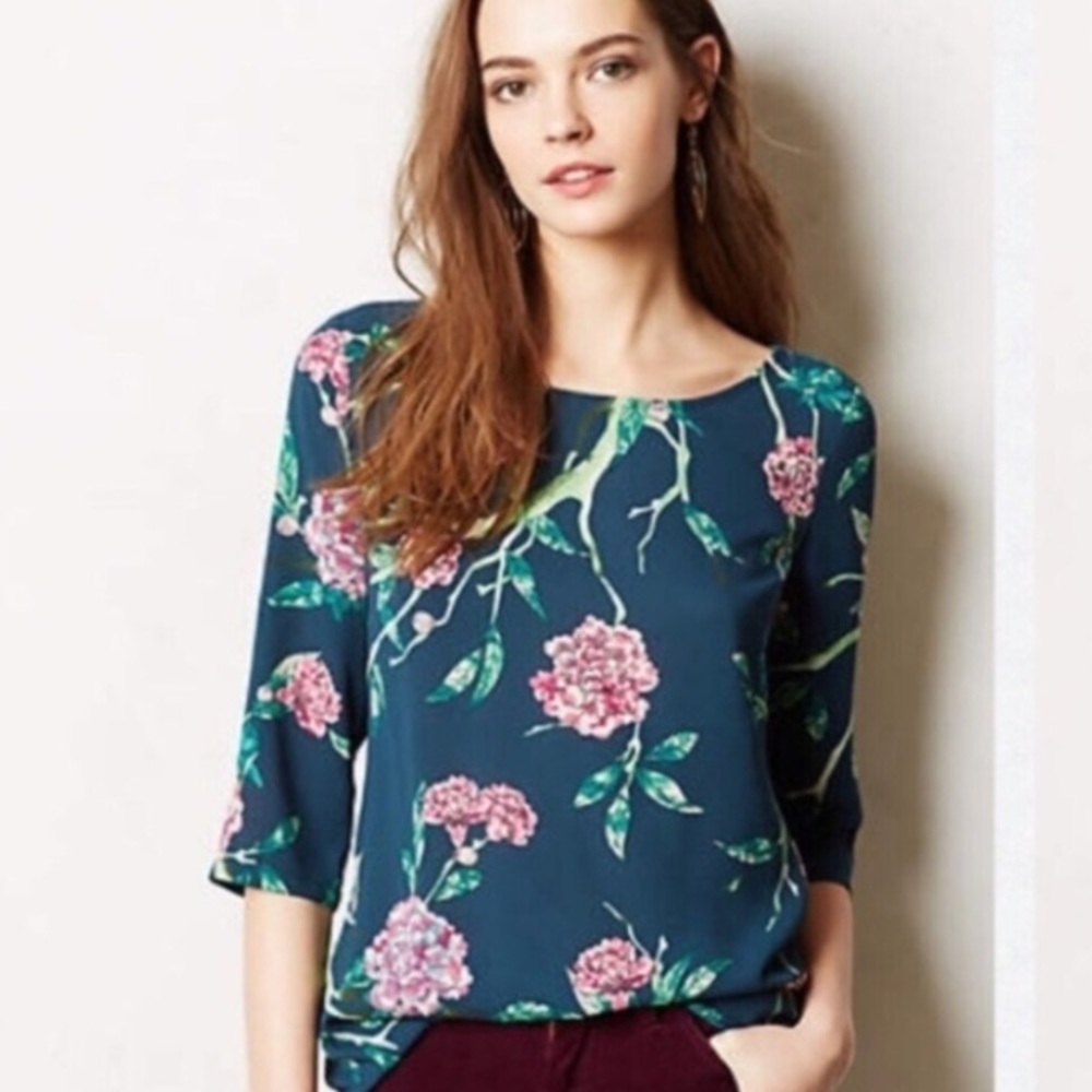 Anthropologie HD Paris Eira Green Floral Top
